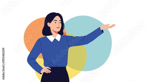 Young woman in a blue sweater and white collar gesturing with her hand open against a colorful circular abstract background.