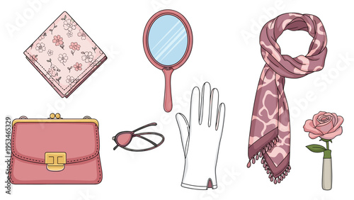 Arrangement of pink fashion accessories for women including a handbag, silk scarf, white gloves, mirror, and floral handkerchief.