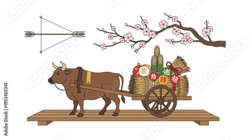 Traditional Japanese festival ox cart carrying festive new year decorations and rice straw under a blooming plum tree branch.