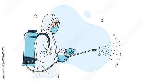 Professional disinfection worker wearing a protective hazmat suit and mask spraying cleaning fluid from a tank for virus prevention.