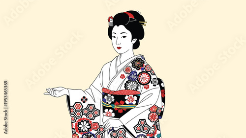 Japanese woman dressed as a traditional geisha in a highly detailed kimono with floral patterns making a graceful hand gesture.