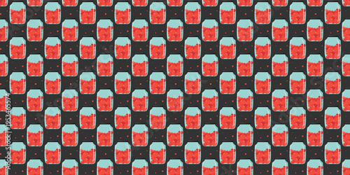Glass jars filled with red hearts seamless pattern for Valentine Day decor. Love pattern