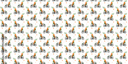 Funny carrot courier on bike repeating pattern for fast organic food delivery. Delivery pattern