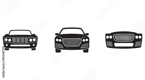 Black car silhouettes with grills and headlights facing forward on white background