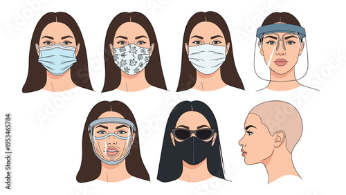 Set of female avatars showcasing a variety of face masks and protective face shields for pandemic safety and personal hygiene.
