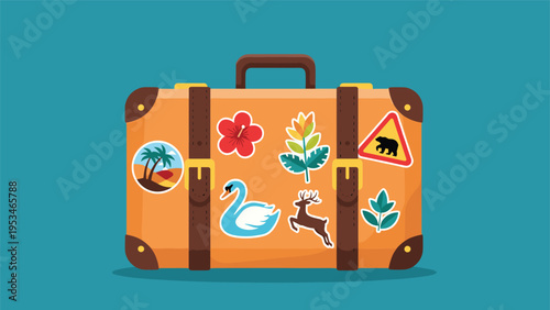 Classic brown suitcase covered with various travel stickers representing global adventures and different nature destinations.