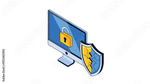 Computer monitor showing an unlocked padlock symbol with a broken metal shield in front to represent a security breach or hack.