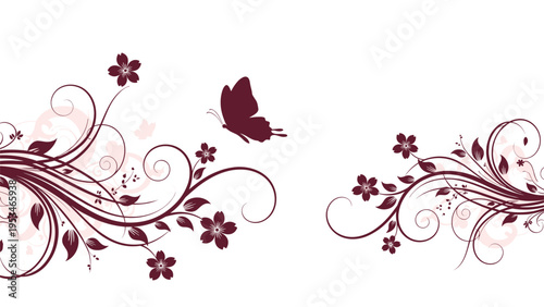Elegant dark red floral swirl design featuring cherry blossoms and a flying butterfly on a clean minimal white background.