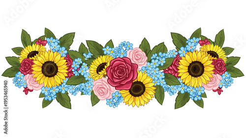 Vibrant floral border arrangement featuring bright yellow sunflowers, pink roses, and blue forget-me-nots with green leaves.