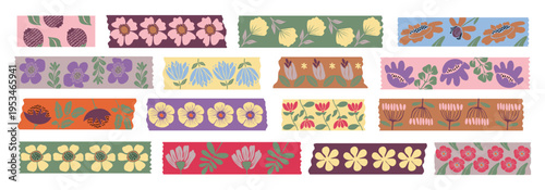Collection of colorful washi tape strips with abstract floral patterns, decorative borders and sticky label tags in modern flat vector style, perfect for scrapbooking and digital design.