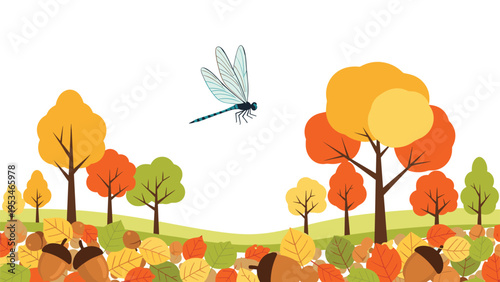 Autumn landscape illustration with a dragonfly flying over colorful fall trees and a pile of acorns and fallen brown leaves.