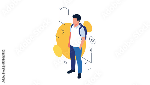Young man standing with a blue backpack in an isometric illustration style against a yellow and blue circular abstract shape.