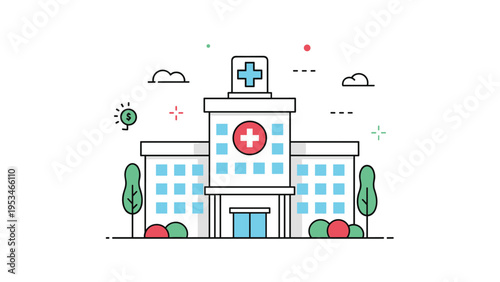 Flat design illustration of a modern hospital building with a red cross symbol, green trees, and decorative clouds in the sky.
