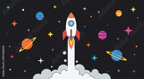 Colorful cartoon rocket ship blasting off into a vibrant starry night sky with planets