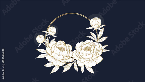 Luxury floral frame features golden outline peony flowers arranged in a wreath on a sophisticated dark navy blue background.