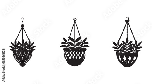 Black silhouette hanging baskets with plants and leaves  home decor  interior design elements