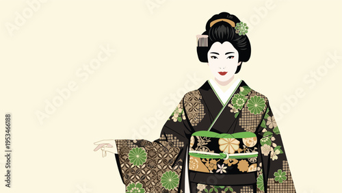 Elegant japanese woman wearing a traditional dark floral kimono and elaborate hair ornaments stands against a simple background.