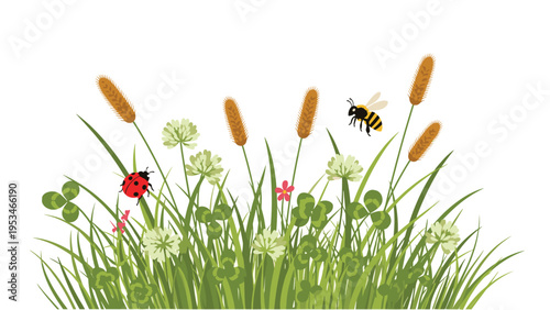 Vibrant nature scene features green grass, wild flowers, a ladybug on a leaf, and a honeybee flying in a bright sunny meadow.