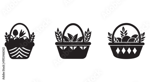 Black silhouettes of three baskets with plants and fruits  isolated on white background