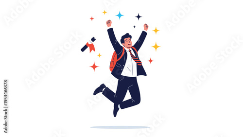 Joyful young man in a school uniform jumps into the air with excitement while holding his graduation diploma among bright stars.