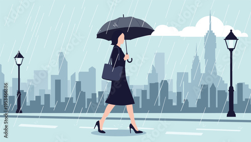 Stylish businesswoman walks through a rainy city street carrying a black umbrella and bag with a urban skyline in the background.