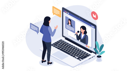 Woman using laptop for video conference call with online chat bubbles representing digital communication and remote work.