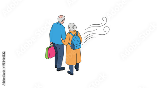 Senior couple walking together outdoors with shopping bags and a backpack showing active lifestyle and companionship in later years.