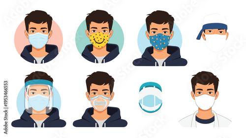 Collection of male avatars wearing various types of protective face masks and face shields for health and safety compliance illustration.