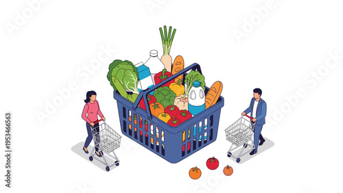 Consumers with shopping carts standing near a large grocery basket filled with fresh vegetables and fruits representing retail shopping.