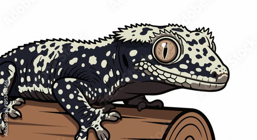 A black and white spotted reptile with large eyes rests on a log