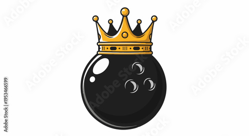 A black bowling ball adorned with a golden crown sits centrally