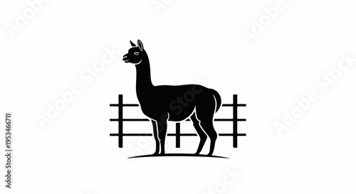 A black silhouette of an alpaca stands behind a simple fence