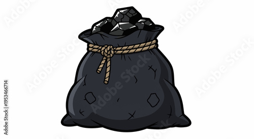A black sack filled with rough, dark stones and tied with a coarse rope