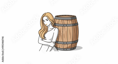 A blonde woman leans against a rustic wooden barrel