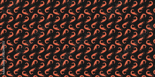 Red shrimp seamless pattern on dark background for restaurant. Seafood cuisine pattern
