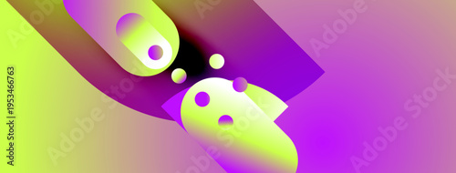 Abstract composition featuring vibrant gradients, fluid shapes, overlapping forms. Bright yellow, purple hues dominate design. Minimalist aesthetic.
