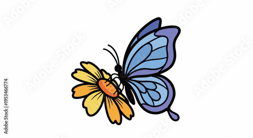 A blue and purple butterfly rests on a yellow and orange flower