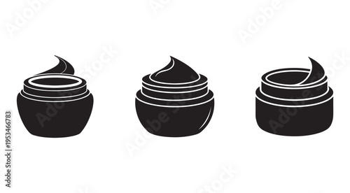 Blackandwhite icons of cream jars with lids and different cream swirls on white background for skincare and beauty concepts  simple illustrations
