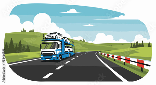 A blue and white car carrier truck transports automobiles along a winding road through scenic hills