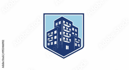 A blue shield emblem with a stylized depiction of a multi-story building
