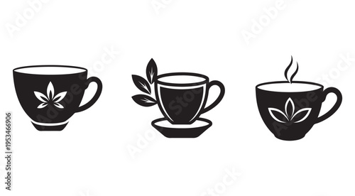 Blackandwhite illustrations of tea cups with leaves on them  simple line style  for design and decoration purposes