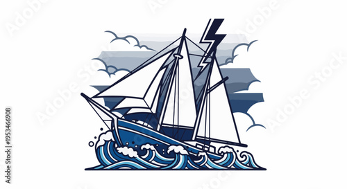 A blue sailboat navigates rough seas under a stormy, lightning-filled sky