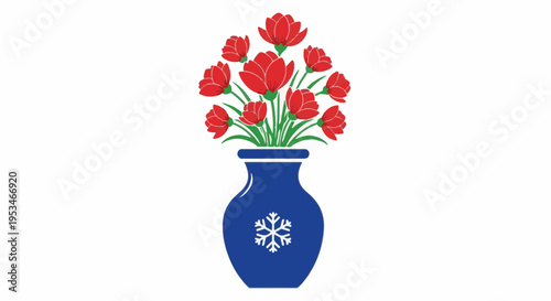 A blue vase with red flowers and a snowflake on white