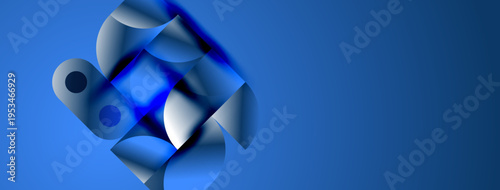 Abstract blue shapes overlap, creating dynamic composition. Glossy surfaces reflect light, suggesting depth, movement. Minimalist design.