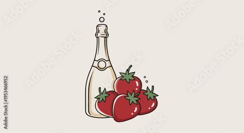 A bottle of bubbly with ripe strawberries in a simple illustration