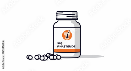 A bottle of pills labeled with hair growth iconography and dosage information