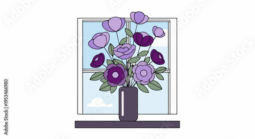 A bouquet of purple flowers in a vase sits on a windowsill with a cloudy sky view