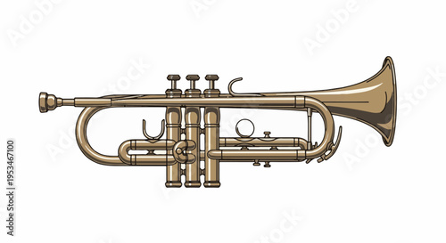 A brass trumpet with three valves and a bell, isolated on a white background