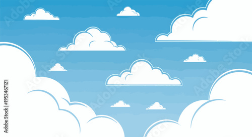 A bright blue sky filled with fluffy white clouds in a cartoonish style