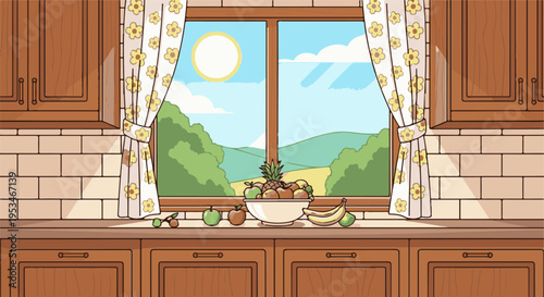 A bright kitchen window overlooks a sunny landscape, with fruit in a bowl